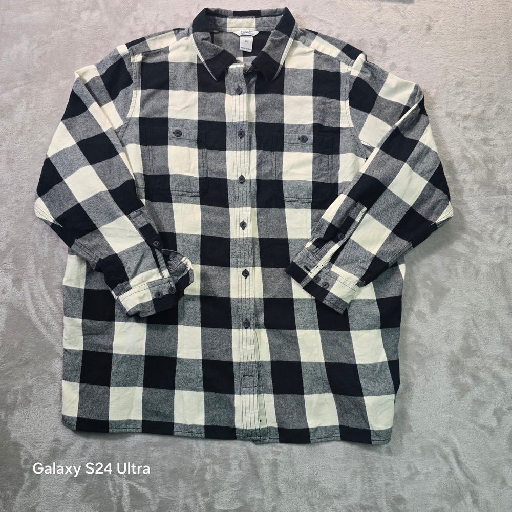Duluth Trading Co Mens 2X Black White Buffalo Plaid Cotton Flannel Shirt 986